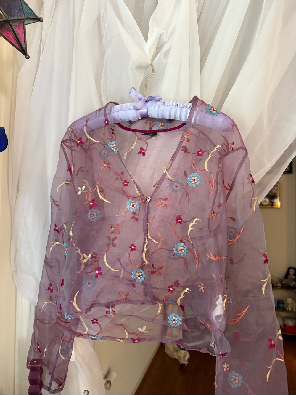 Sheer Lavender Floral Embroidered Women's Top